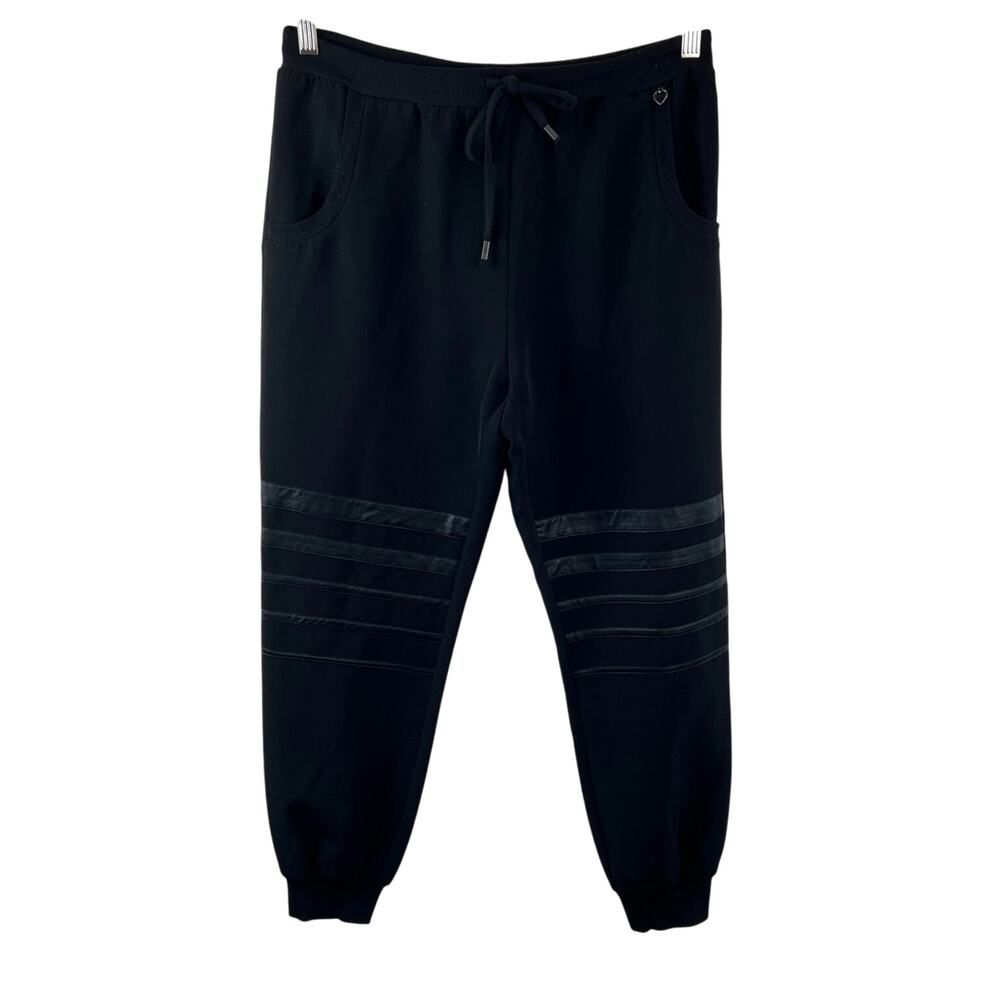 Twin-Set T.S.J. Black Sweatpants Leather Striped Jogger Ribbed Cuff Sz M Medium